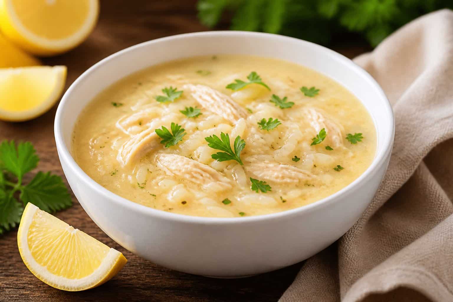 A bowl of creamy Greek lemon chicken soup with chicken pieces and rice, garnished with lemon wedges and parsley on a wooden table.