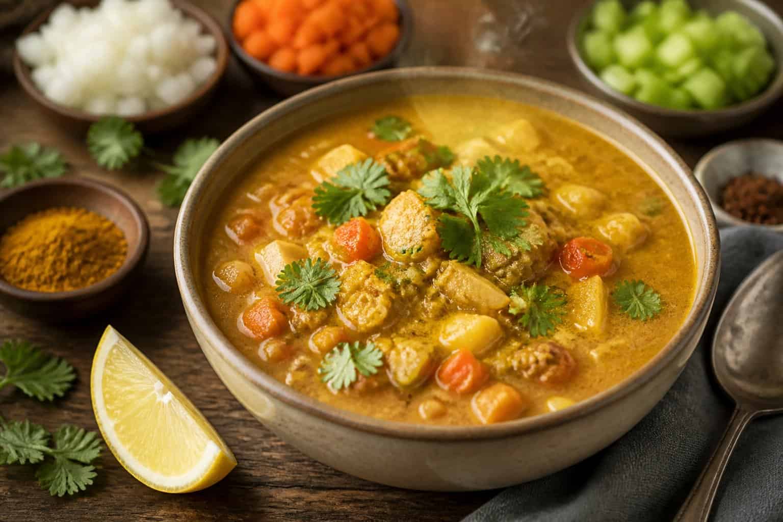 A bowl of steaming Mulligatawny soup garnished with cilantro and lemon on a wooden table with fresh vegetables and spices around it.