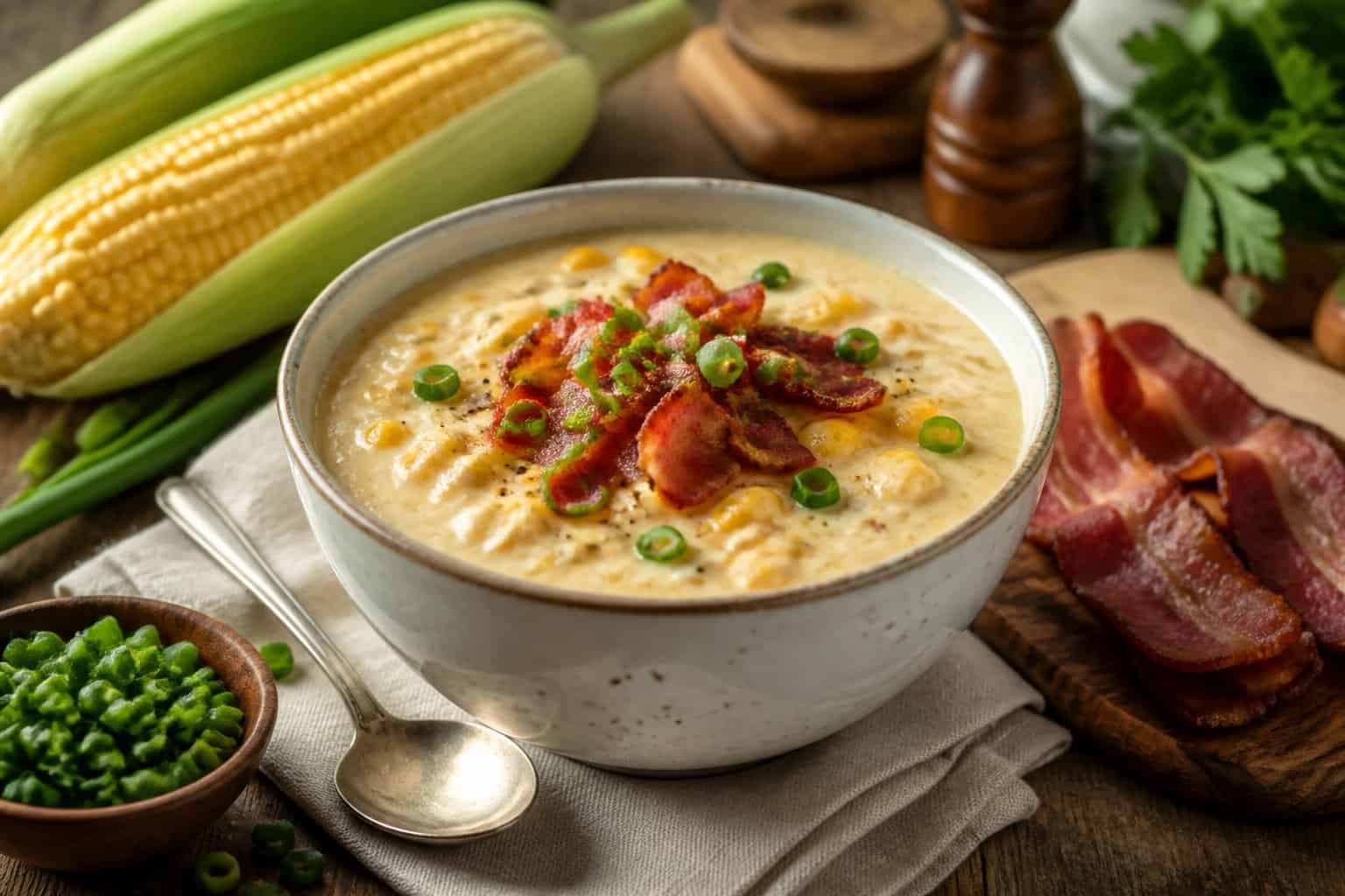 A bowl of creamy corn chowder topped with crispy bacon on a wooden table with fresh corn and green onions nearby.