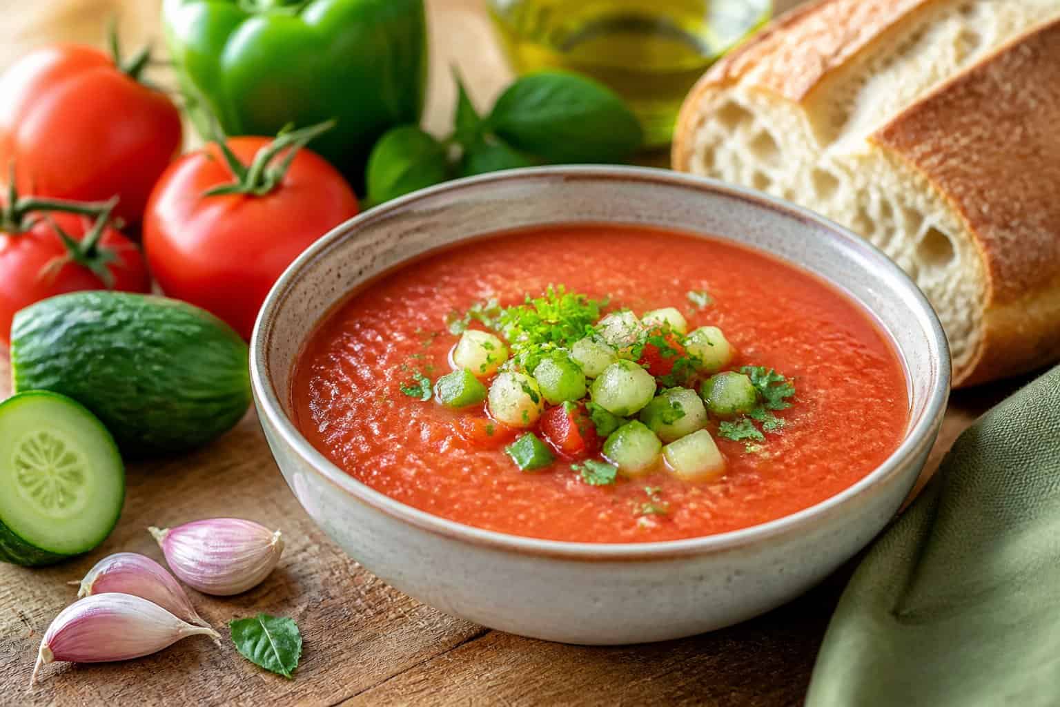 A bowl of red gazpacho soup garnished with chopped vegetables, surrounded by fresh tomatoes, cucumbers, peppers, garlic, and bread on a wooden table.