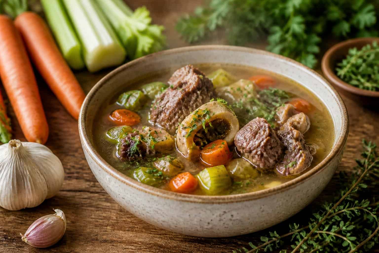 A steaming bowl of oxtail soup with vegetables and herbs on a wooden table surrounded by fresh ingredients.
