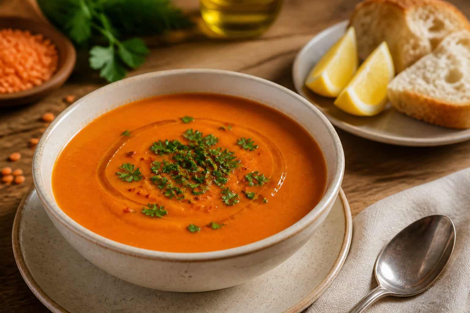 A bowl of Turkish red lentil soup garnished with parsley and olive oil, with lemon wedges and bread on a wooden table.