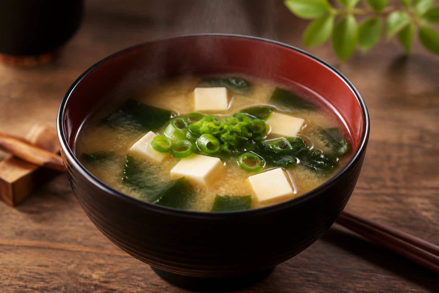 A bowl of miso soup with tofu cubes and wakame seaweed on a wooden table.