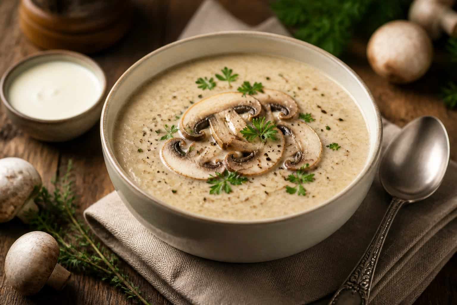 A bowl of creamy mushroom soup garnished with parsley, surrounded by fresh mushrooms and a spoon on a wooden table.