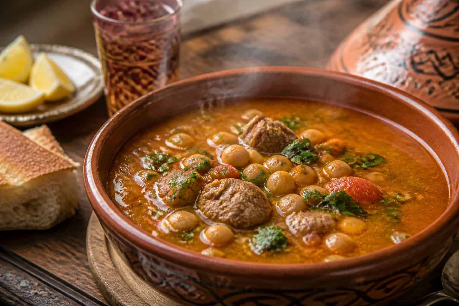 A bowl of Moroccan chickpea and lamb soup with herbs, lemon wedges, and bread on a wooden table.