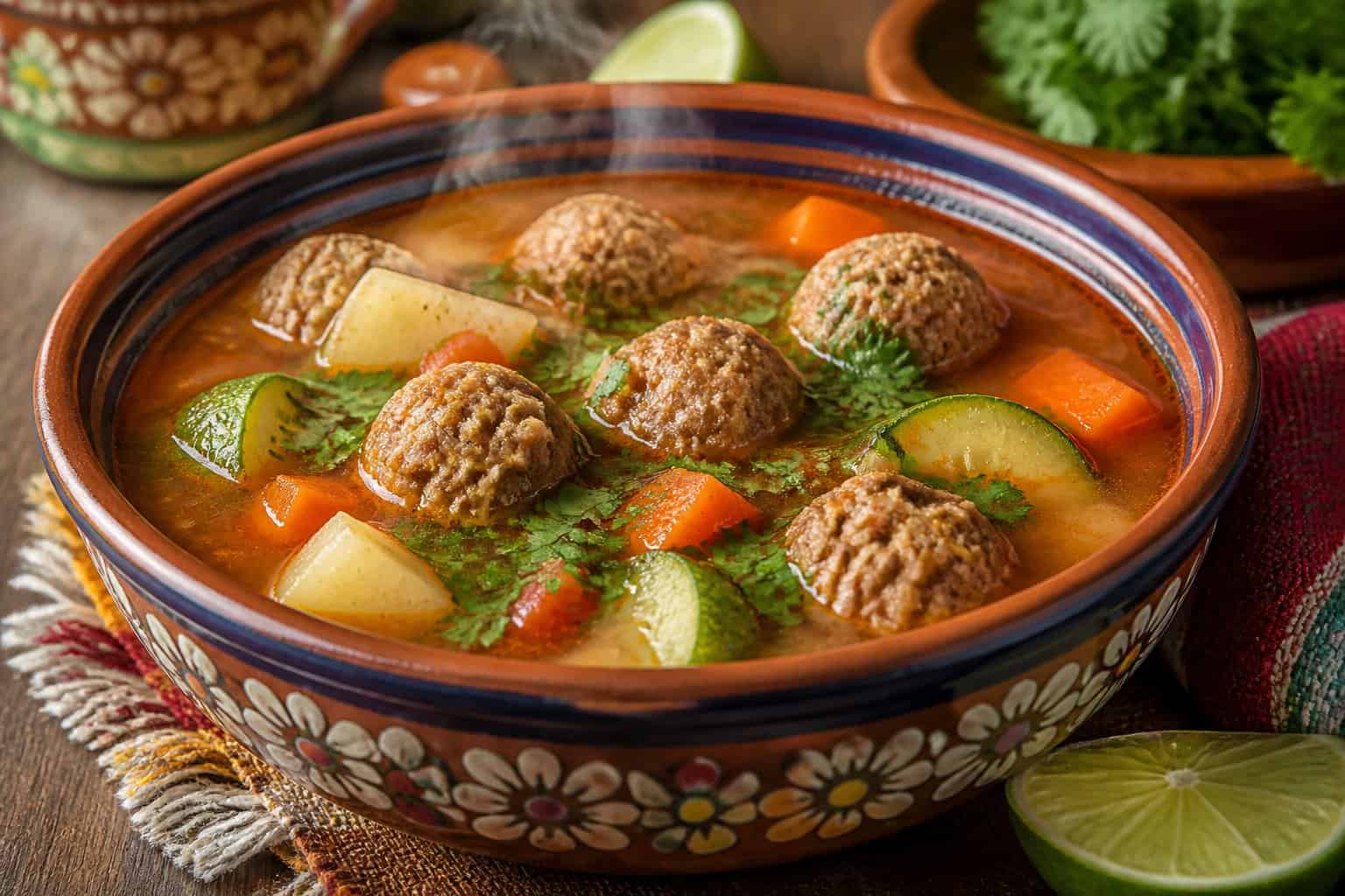 A bowl of Mexican meatball soup with vegetables and fresh cilantro on a wooden table.