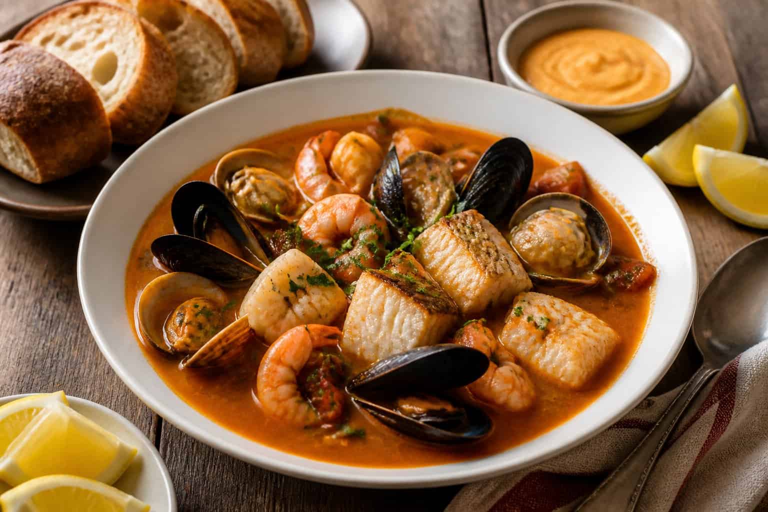 A bowl of bouillabaisse soup with various seafood, garnished with parsley and lemon, served with crusty bread on a wooden table.