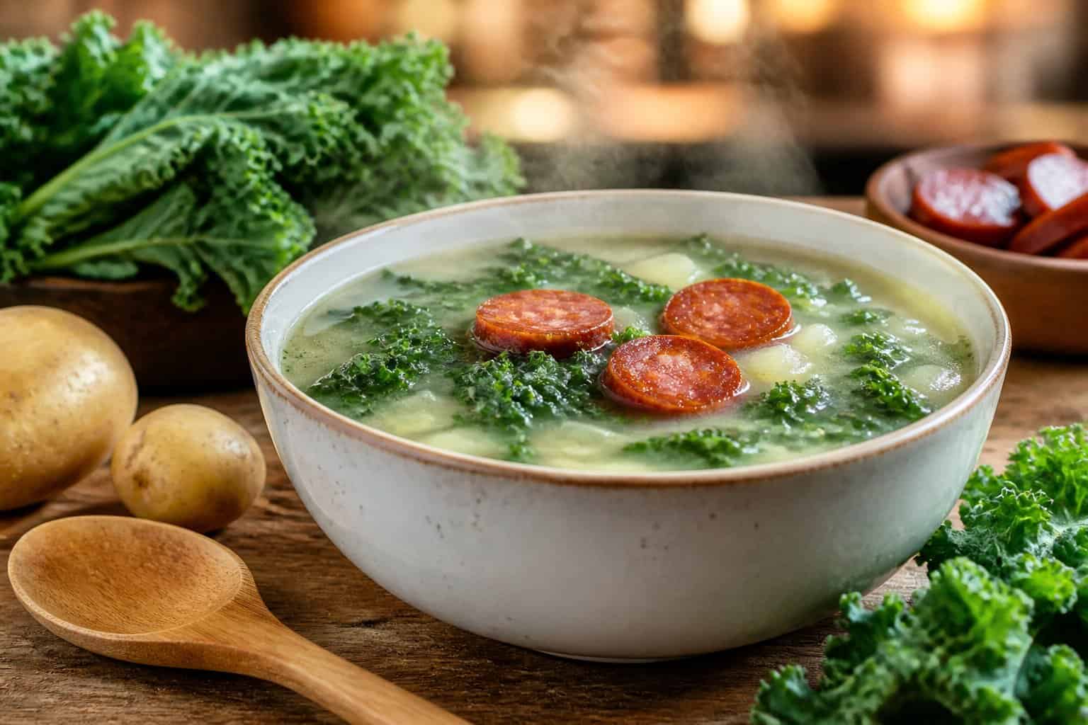 A bowl of Portuguese kale and potato soup with slices of chorizo, surrounded by fresh kale and potatoes on a wooden table.