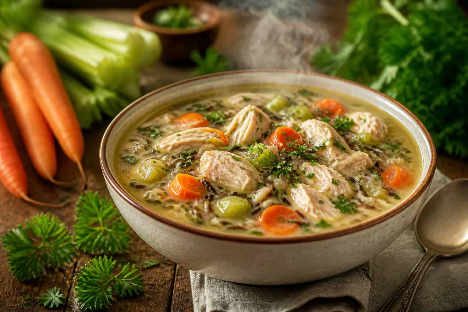 A bowl of chicken and wild rice soup with vegetables on a wooden table surrounded by fresh ingredients.