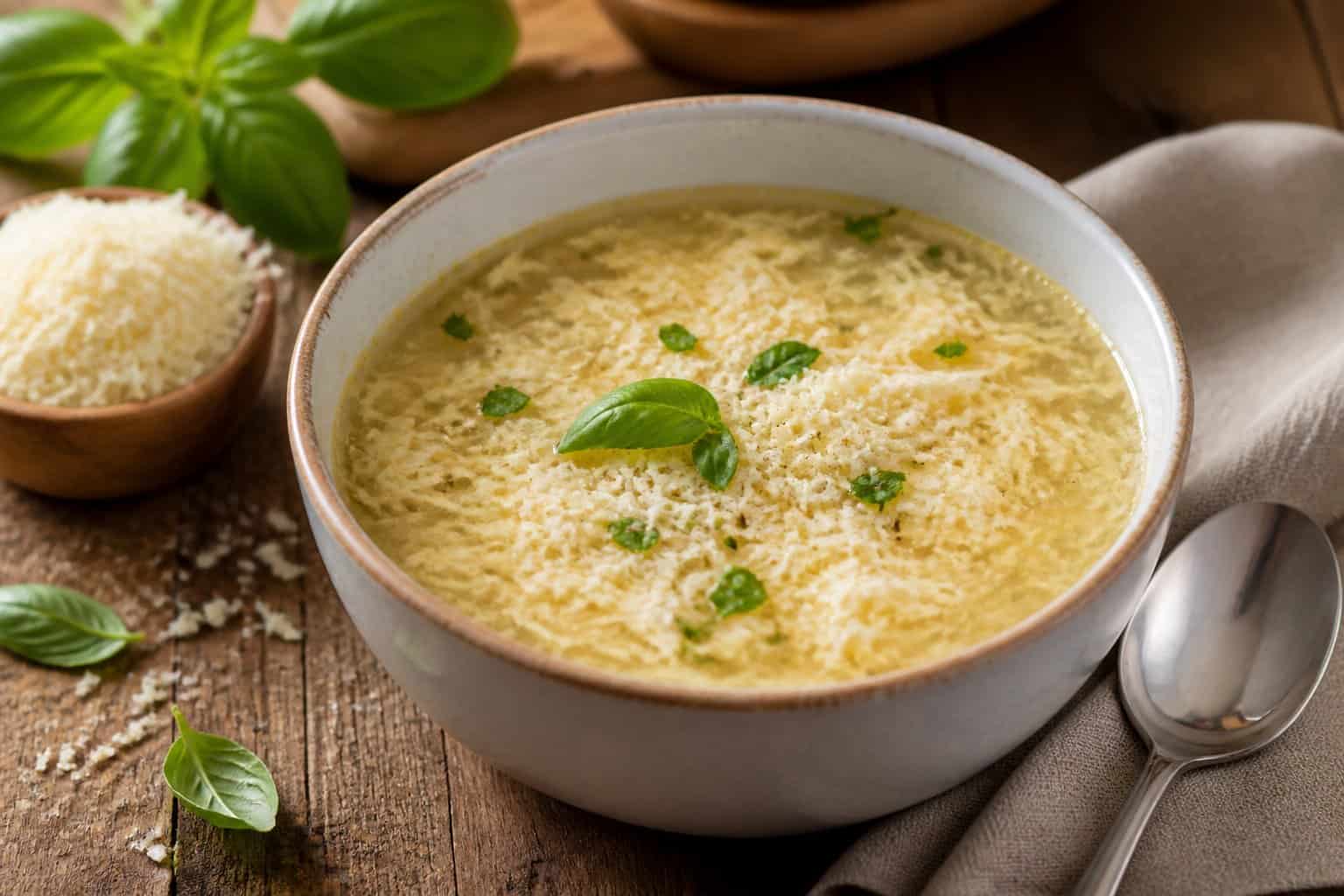 A bowl of Italian Stracciatella soup with egg strands and Parmesan cheese in clear broth on a wooden table with basil leaves and a spoon nearby.
