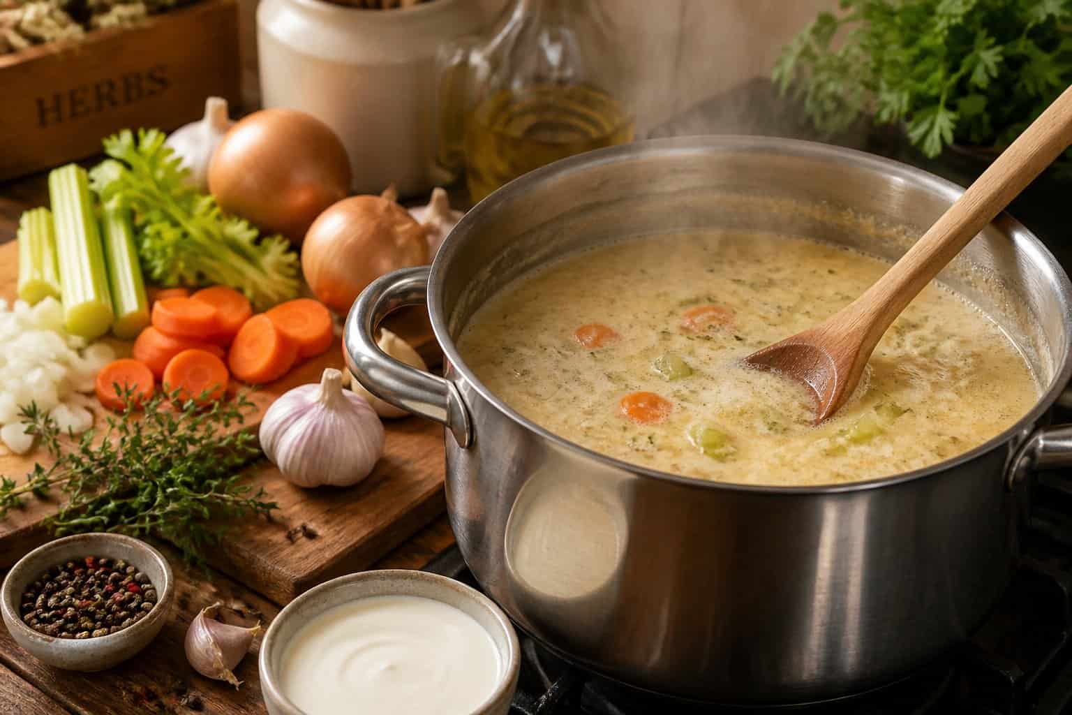 A kitchen scene showing a pot of creamy broth simmering on the stove surrounded by fresh vegetables and herbs.
