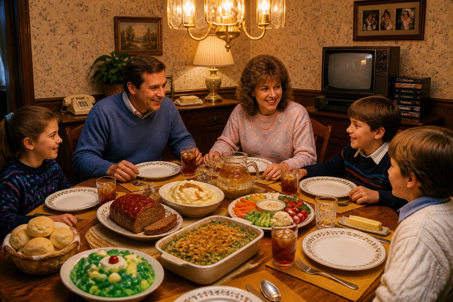 A family of five enjoying a lively dinner together around a table filled with classic 1980s dishes in a warmly lit dining room.