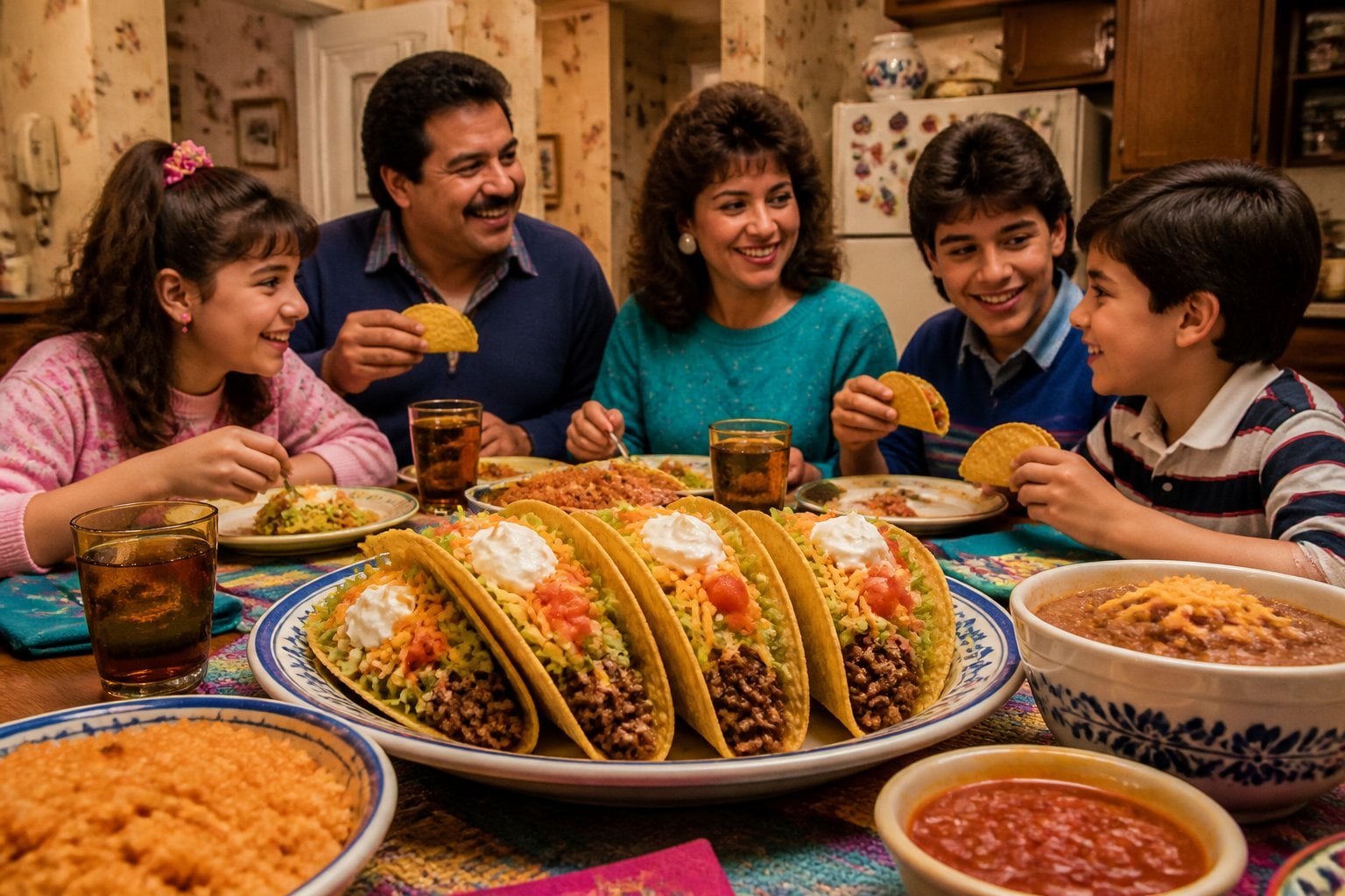 A family gathered around a dining table enjoying hard shell tacos filled with ground beef and toppings, with side dishes and a warm, cozy kitchen background.