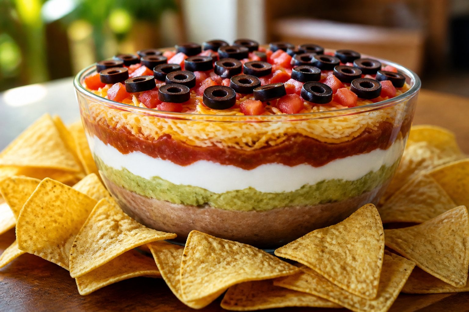 A bowl of seven-layer dip with tortilla chips arranged around it on a wooden table.