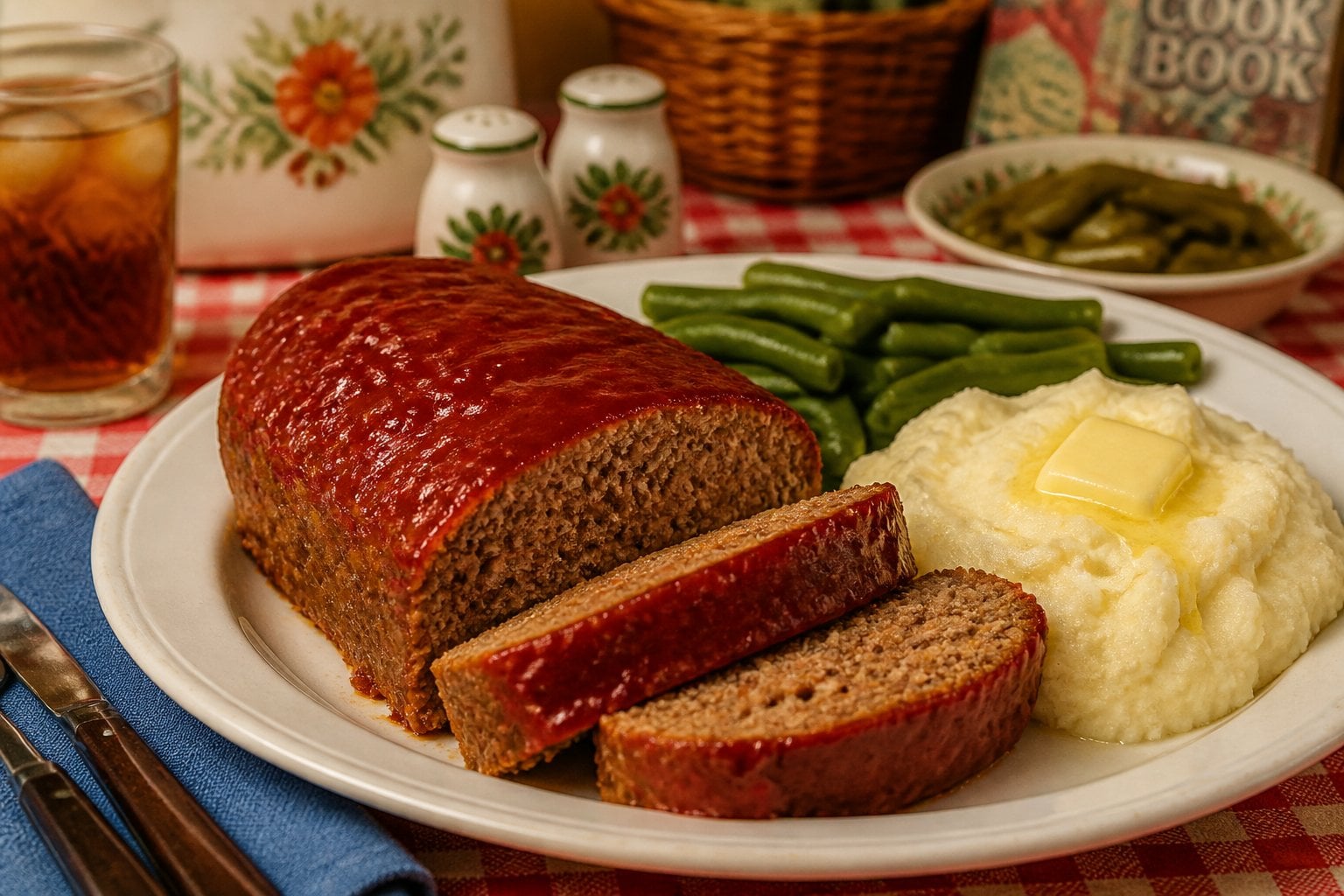 A sliced meatloaf with ketchup glaze served with mashed potatoes and green beans on a plate at a family dining table.