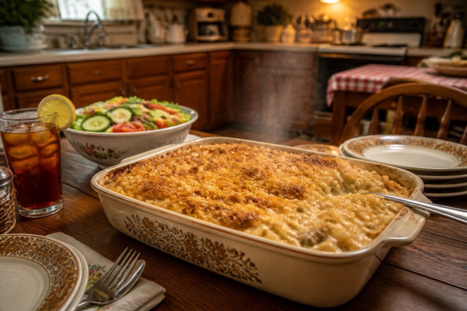 A tuna noodle casserole in a baking dish on a wooden table with salad, iced tea, and retro-style plates in a cozy kitchen setting.