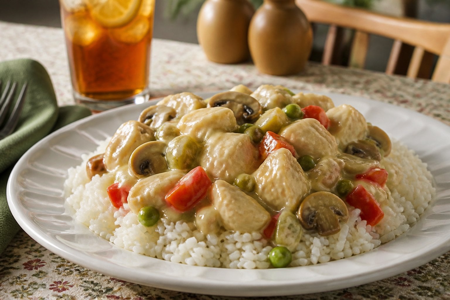 A plate of creamy Chicken a la King served over white rice on a table with soft natural lighting and nostalgic 1980s family dinner elements in the background.