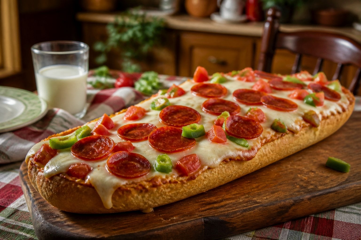 A French bread pizza topped with melted cheese, pepperoni, and vegetables on a wooden cutting board on a kitchen table.