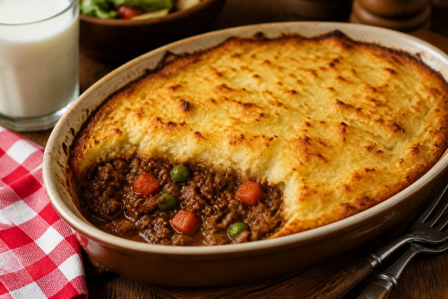 A baked Shepherd’s Pie with a golden mashed potato crust served in a ceramic dish on a wooden table with a checkered napkin and a glass of milk nearby.