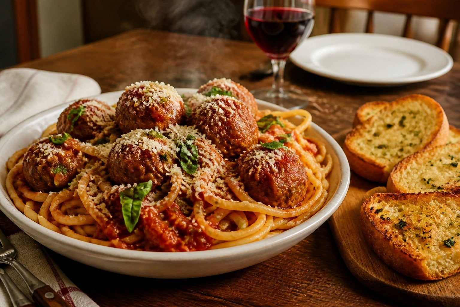 A plate of spaghetti and meatballs with marinara sauce and garlic bread on a wooden table.
