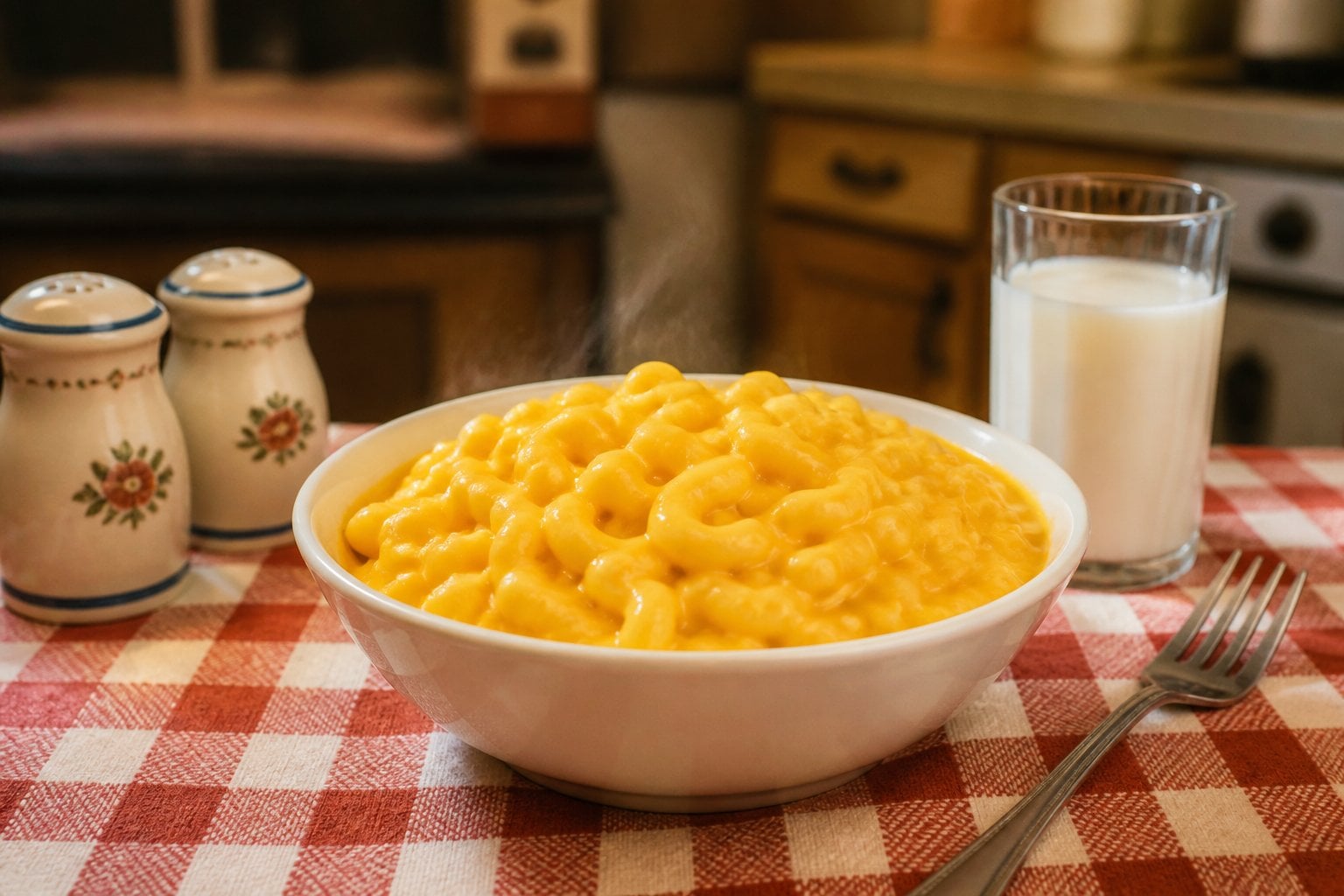 A bowl of creamy macaroni and cheese on a kitchen table with a checkered tablecloth and a glass of milk nearby.