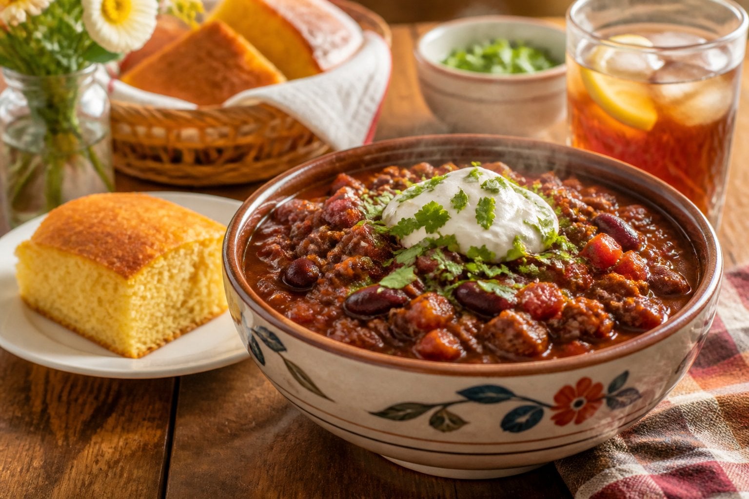 A bowl of chili con carne with ground beef and beans next to a slice of cornbread on a wooden table.