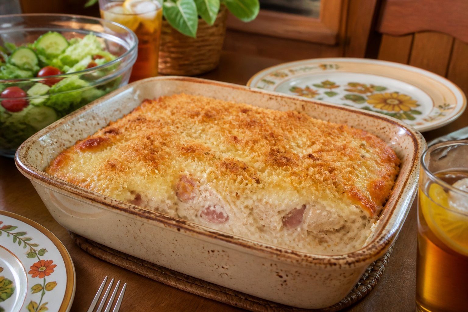 A golden brown Chicken Cordon Bleu Casserole in a baking dish on a wooden table set for a family meal with plates, iced tea, and a side salad.