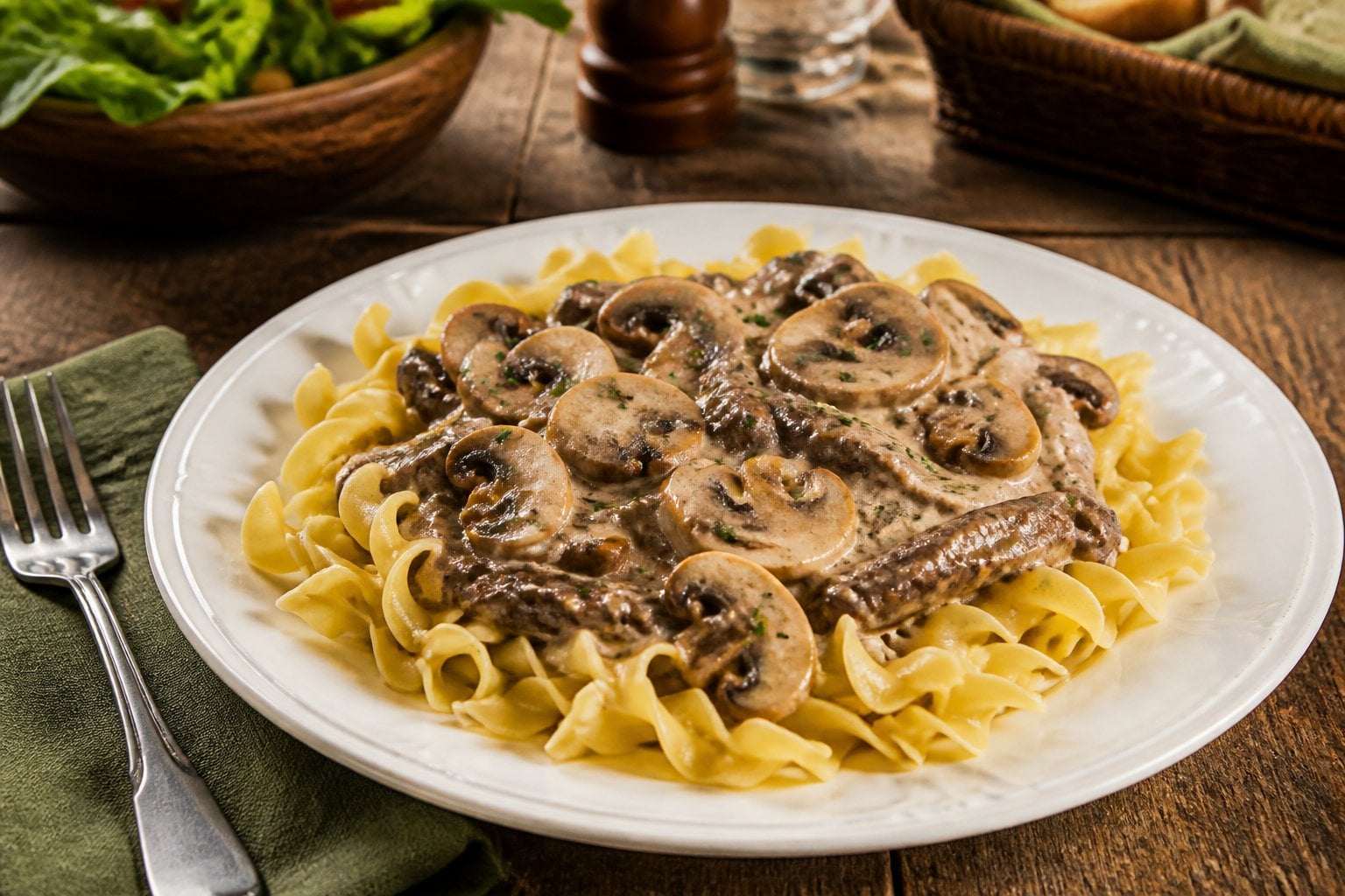 Plate of beef stroganoff with egg noodles on a wooden table in a cozy dining setting.
