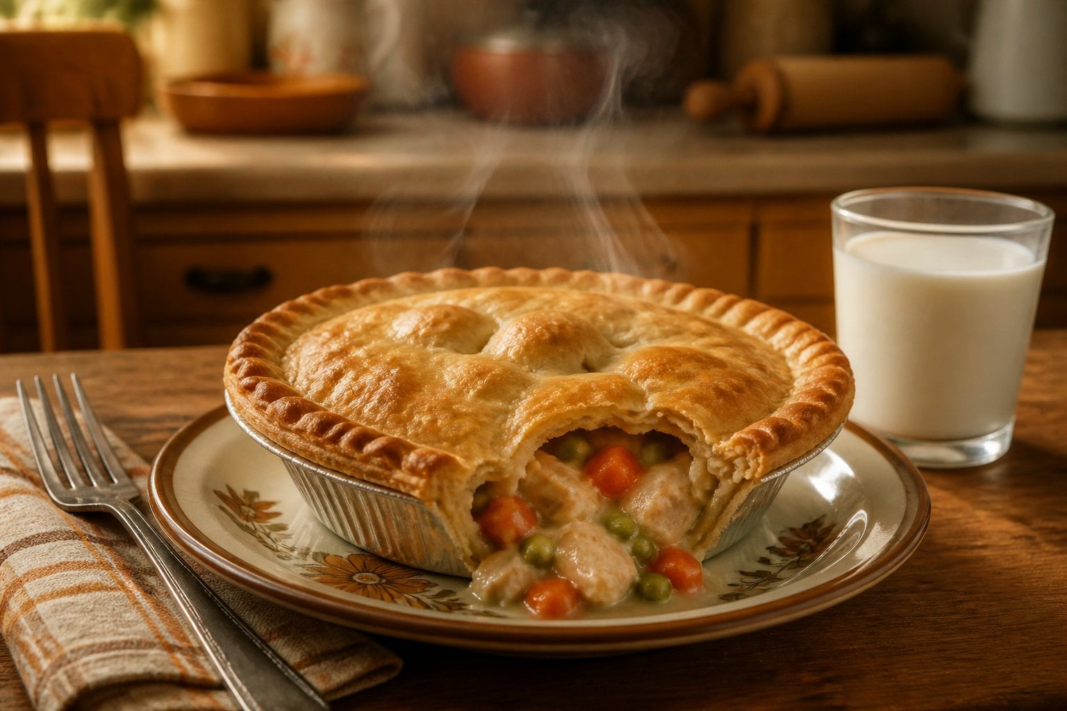 A freshly baked chicken pot pie with a golden crust on a wooden table, accompanied by a plate, utensils, and a glass of milk.