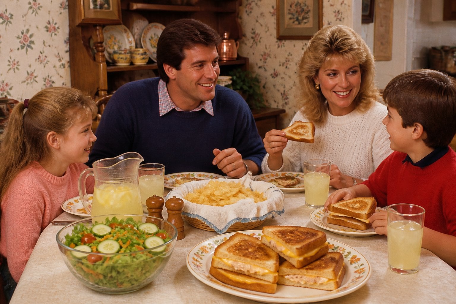 A family enjoying a meal together at a dining table with plates of tuna melts and a pitcher of lemonade.