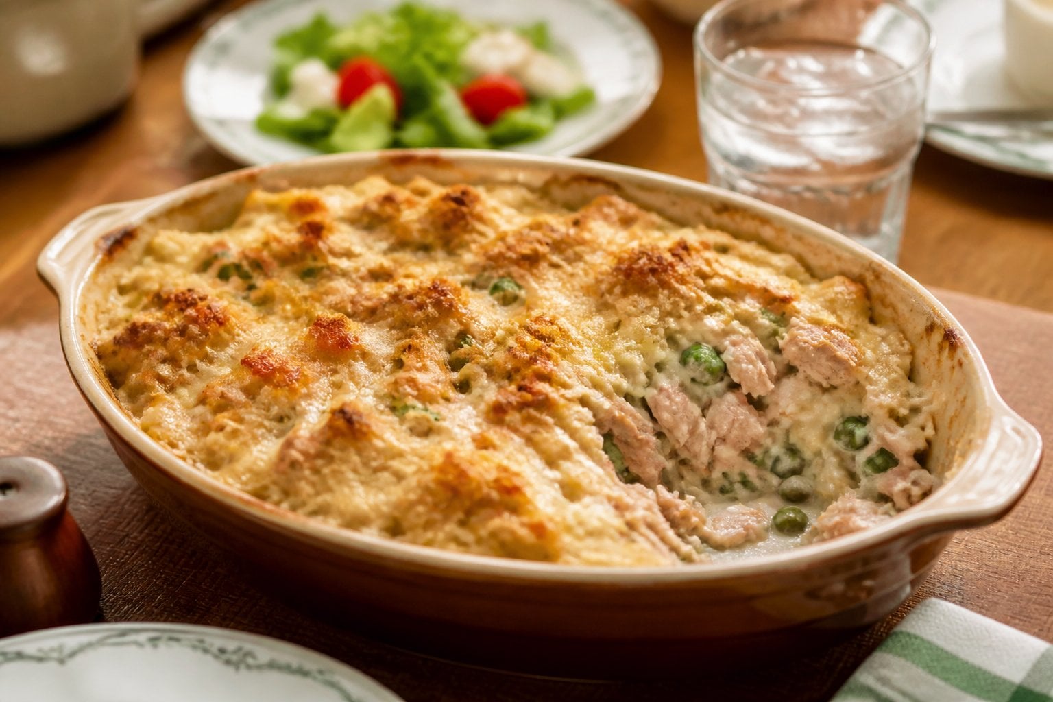 A casserole dish filled with tuna and pea bake on a wooden table set for a family meal.