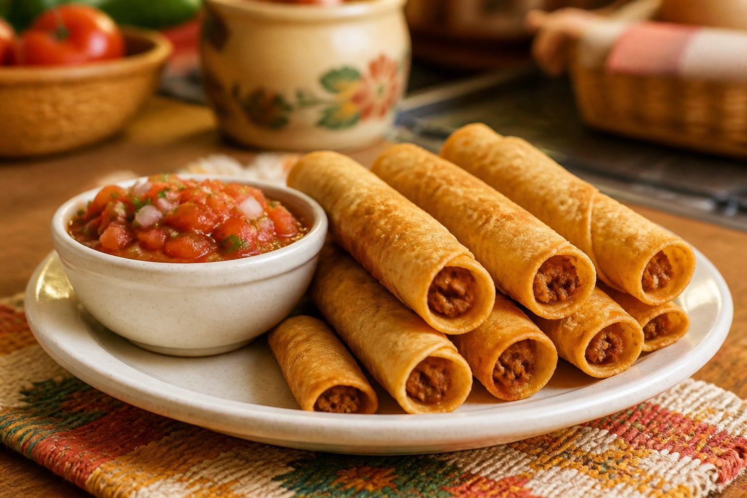 Plate of crispy frozen taquitos with a bowl of red salsa on a wooden table.