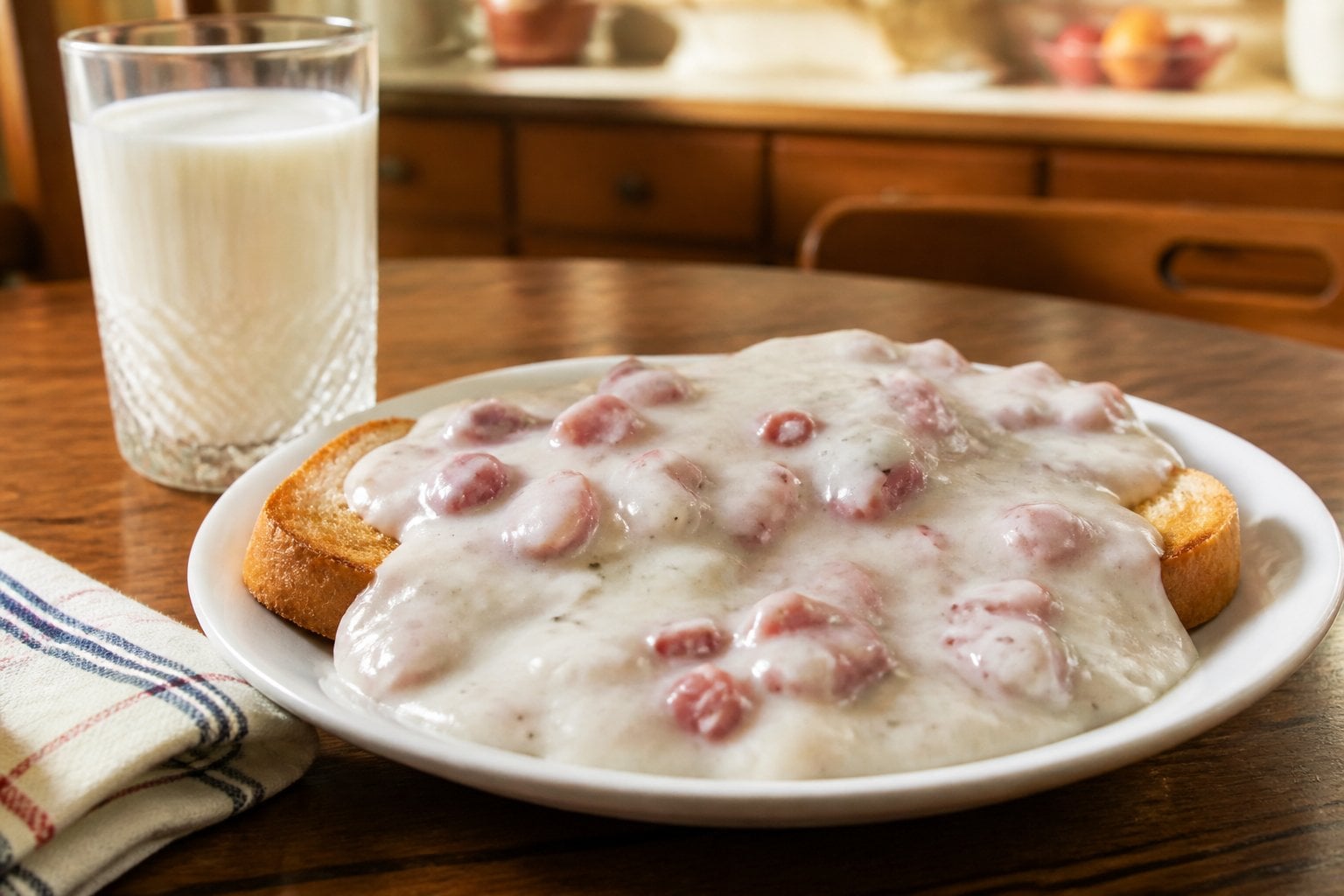 Plate of creamed chipped beef on toasted bread with a glass of milk on a wooden table.