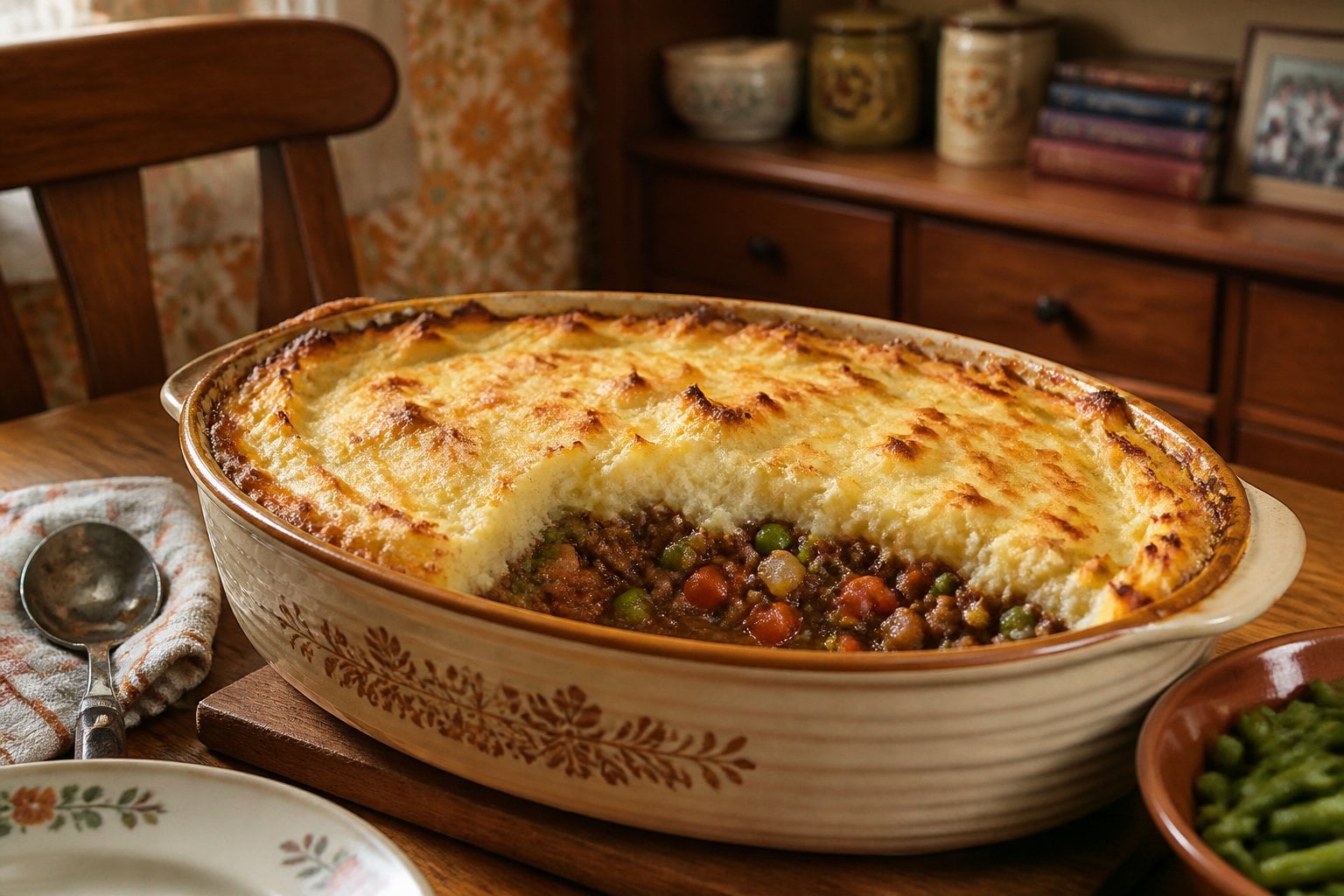 A freshly baked shepherd’s pie with golden mashed potato topping on a wooden table in a cozy kitchen setting.