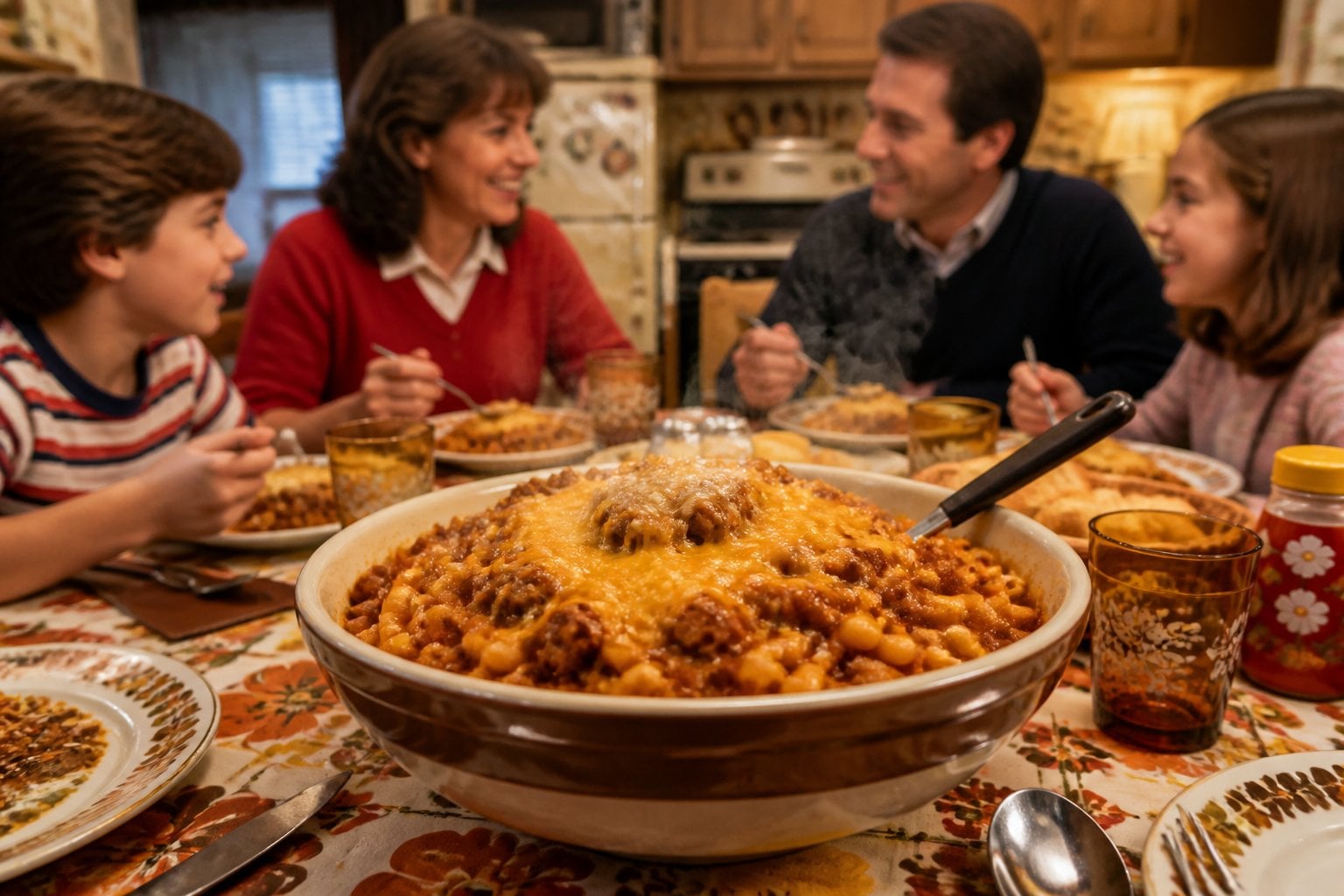 A bowl of chili mac on a kitchen table with a family enjoying dinner together in the background.