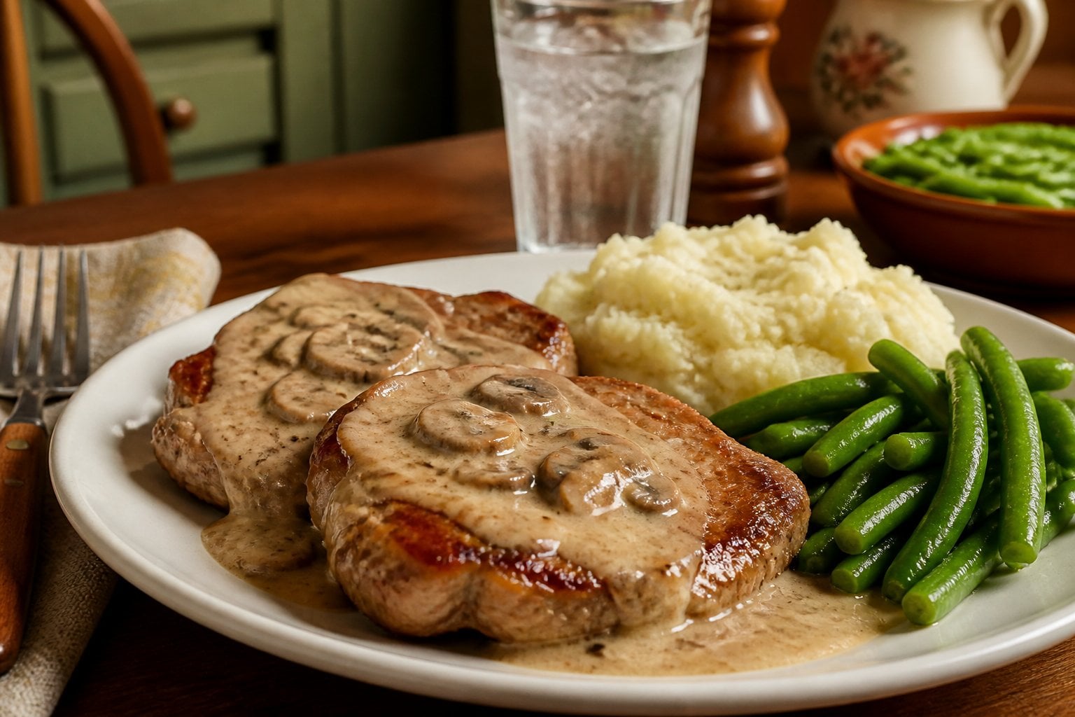 A plate of pork chops with cream of mushroom sauce served with mashed potatoes and green beans on a wooden dining table.