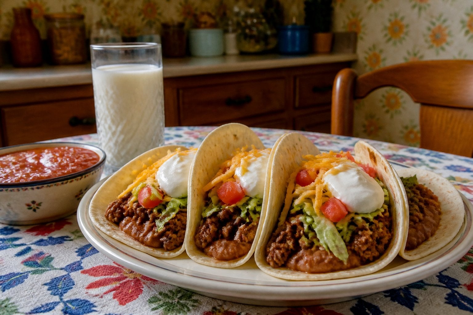 A plate of soft shell beef and bean tacos with lettuce, tomatoes, cheese, and sour cream on a kitchen table set for a family meal.