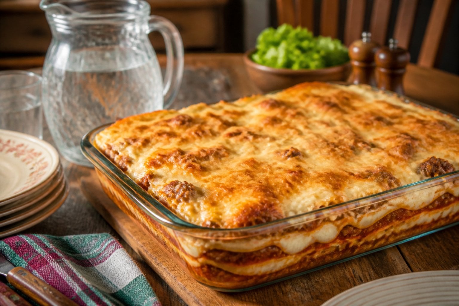 A freshly baked slab lasagna in a glass baking dish on a wooden table, surrounded by plates and a glass pitcher of water.