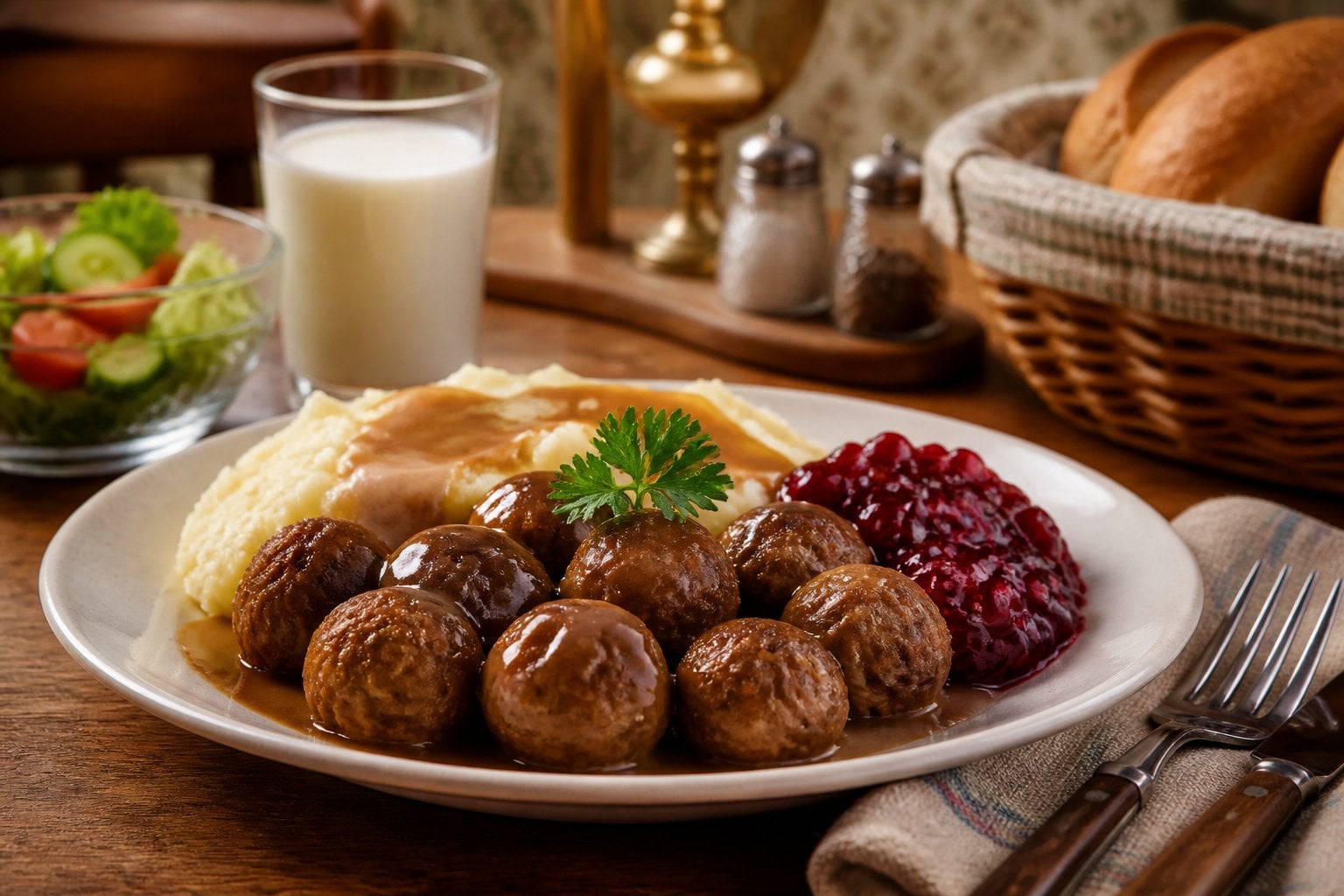 A plate of Swedish meatballs with mashed potatoes, brown gravy, and lingonberry jam on a wooden table.