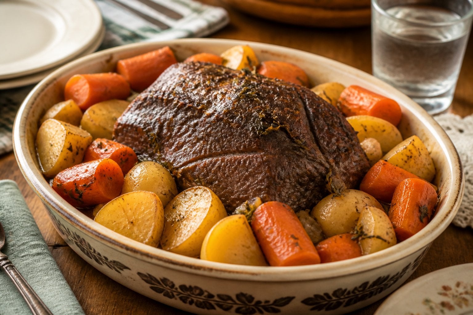 A plate of pot roast with carrots and potatoes on a wooden table in a cozy kitchen setting.