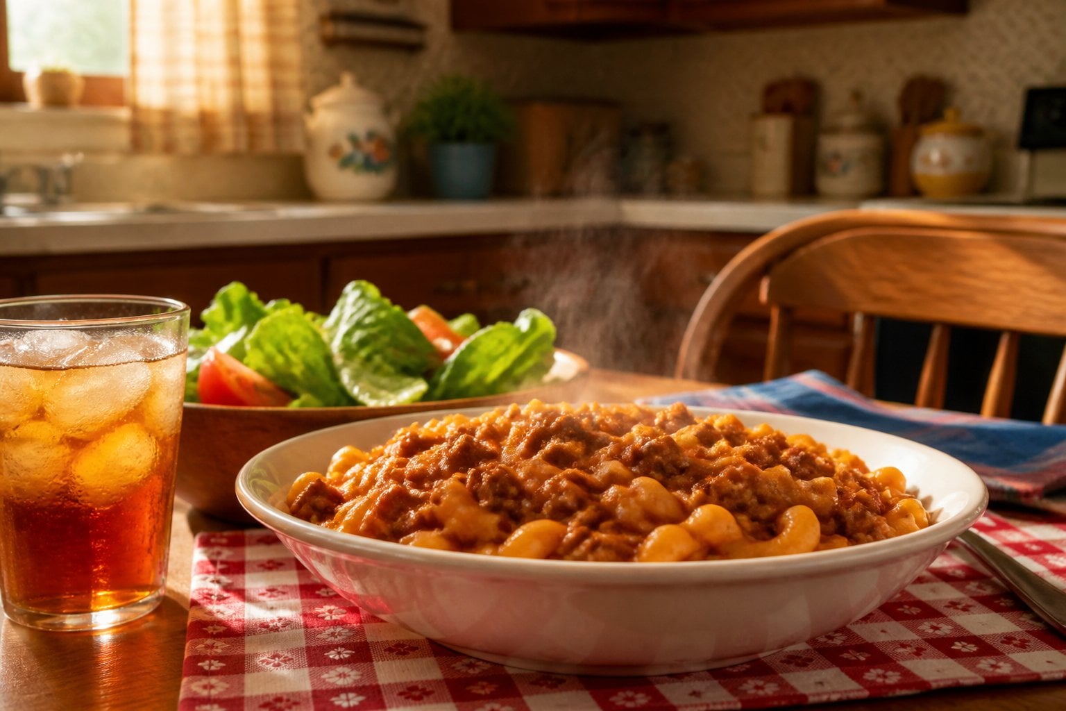 A plate of American hamburger and macaroni goulash served on a wooden table with salad and iced tea in a cozy family kitchen.