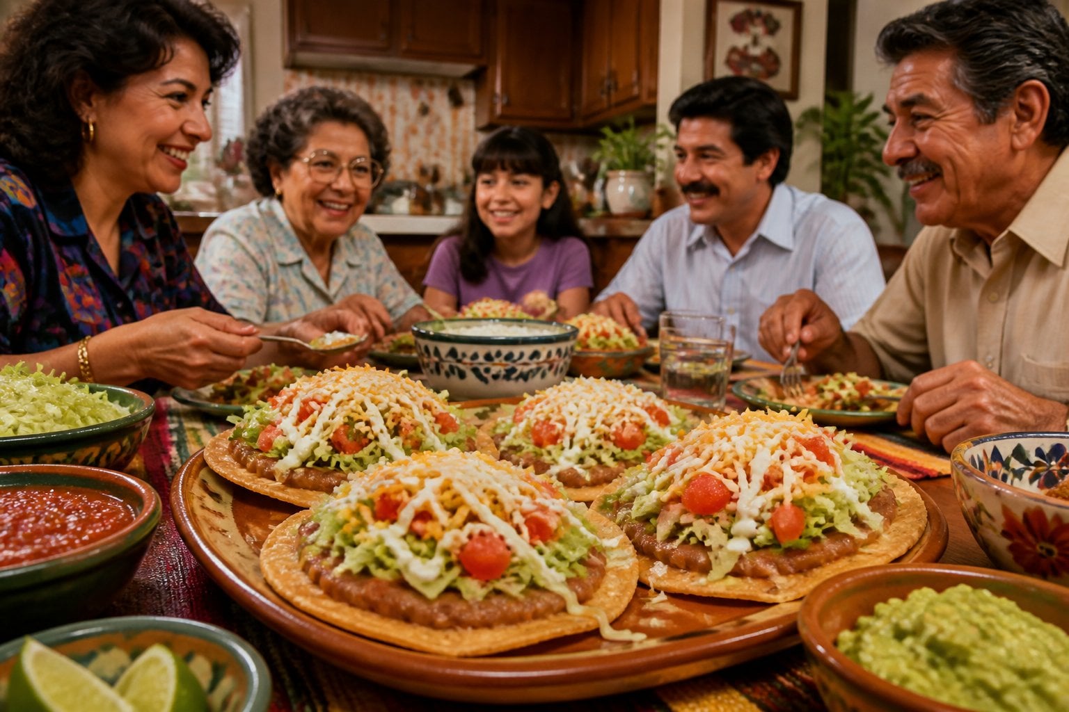 A family gathered around a table enjoying tostadas topped with refried beans and fresh toppings in a cozy dining room.