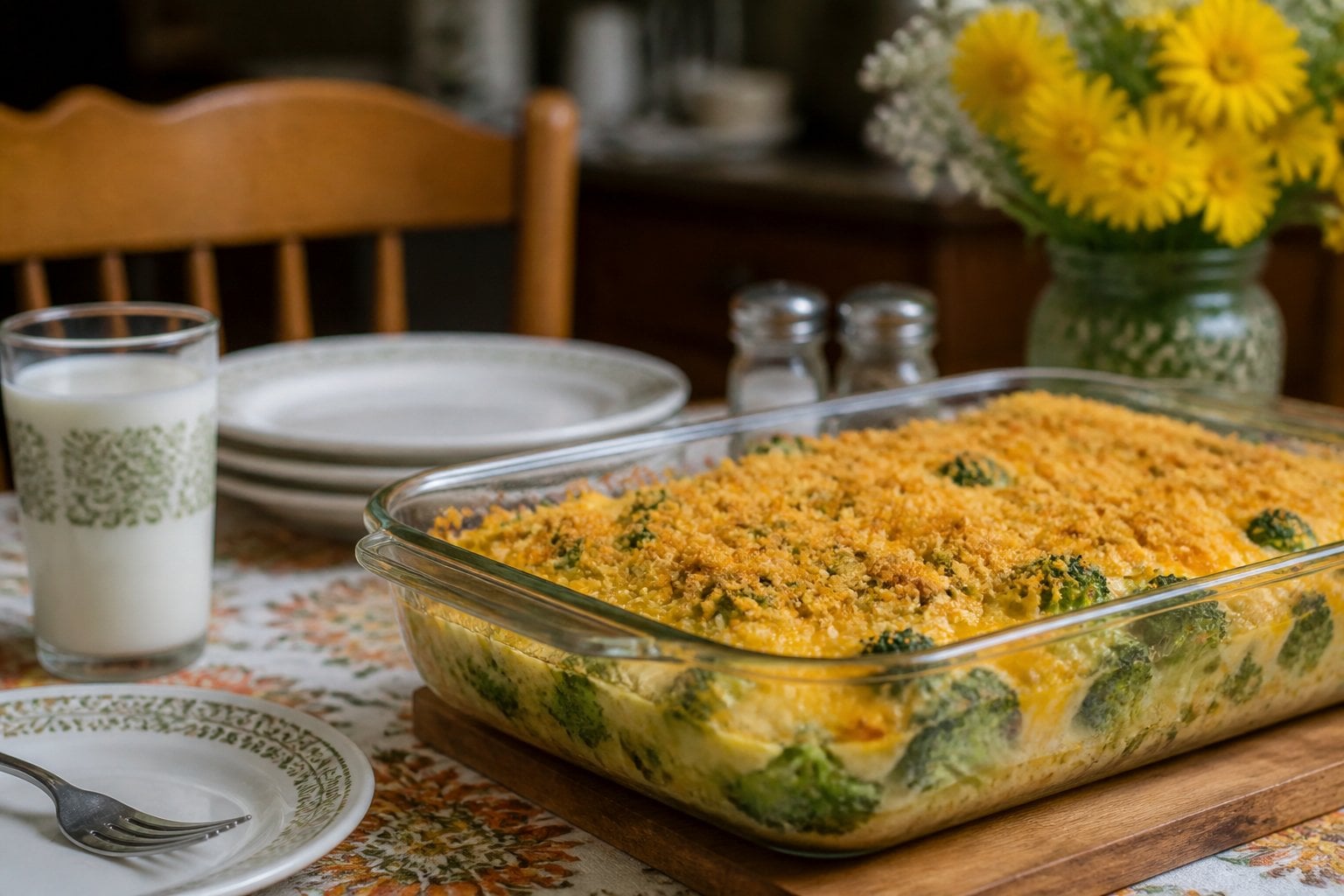 A glass baking dish filled with broccoli cheese casserole on a wooden table set for a family meal.