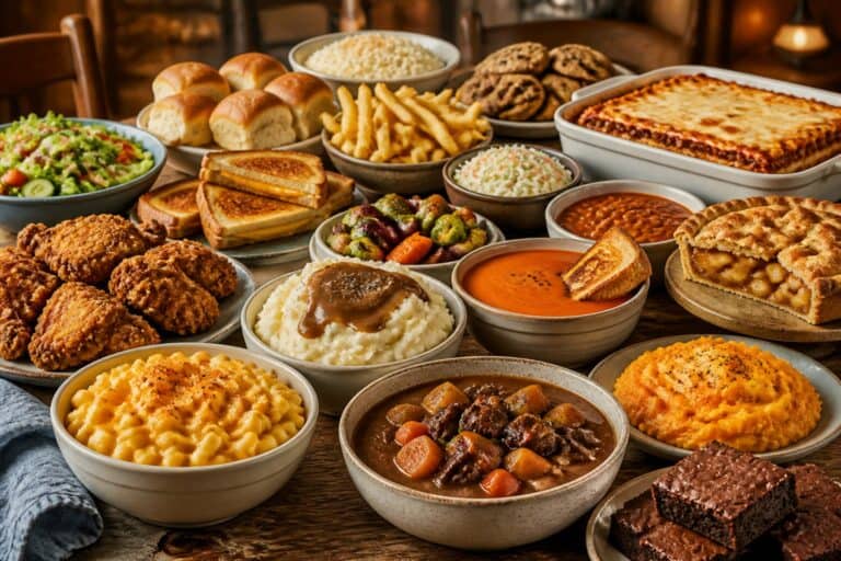 A large wooden table filled with a variety of popular comfort foods including fried chicken, mac and cheese, soup, mashed potatoes, pie, brownies, stew, fries, lasagna, rolls, vegetables, and salad.