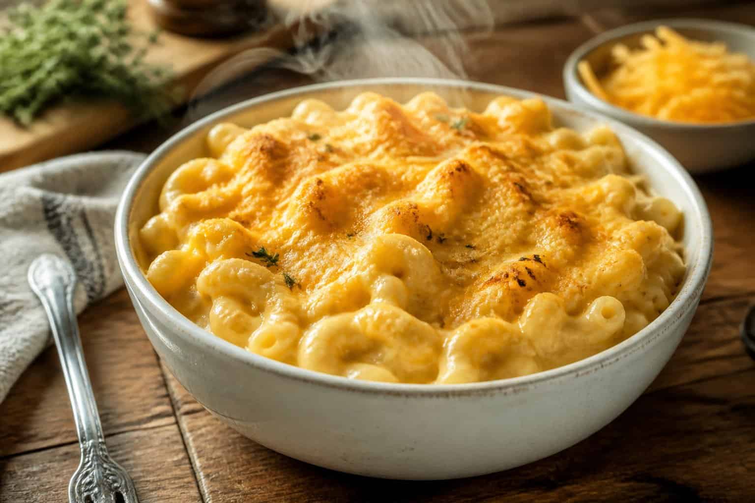 A bowl of creamy macaroni and cheese on a wooden table with a fork and napkin nearby.