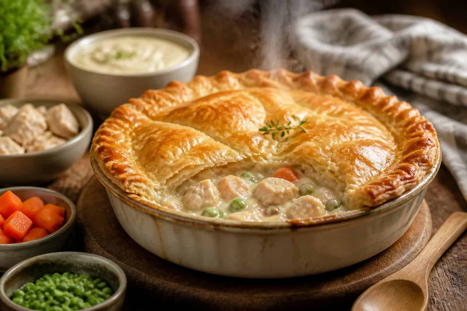 A freshly baked chicken pot pie with a golden crust on a wooden table surrounded by ingredients like chicken, carrots, and peas.