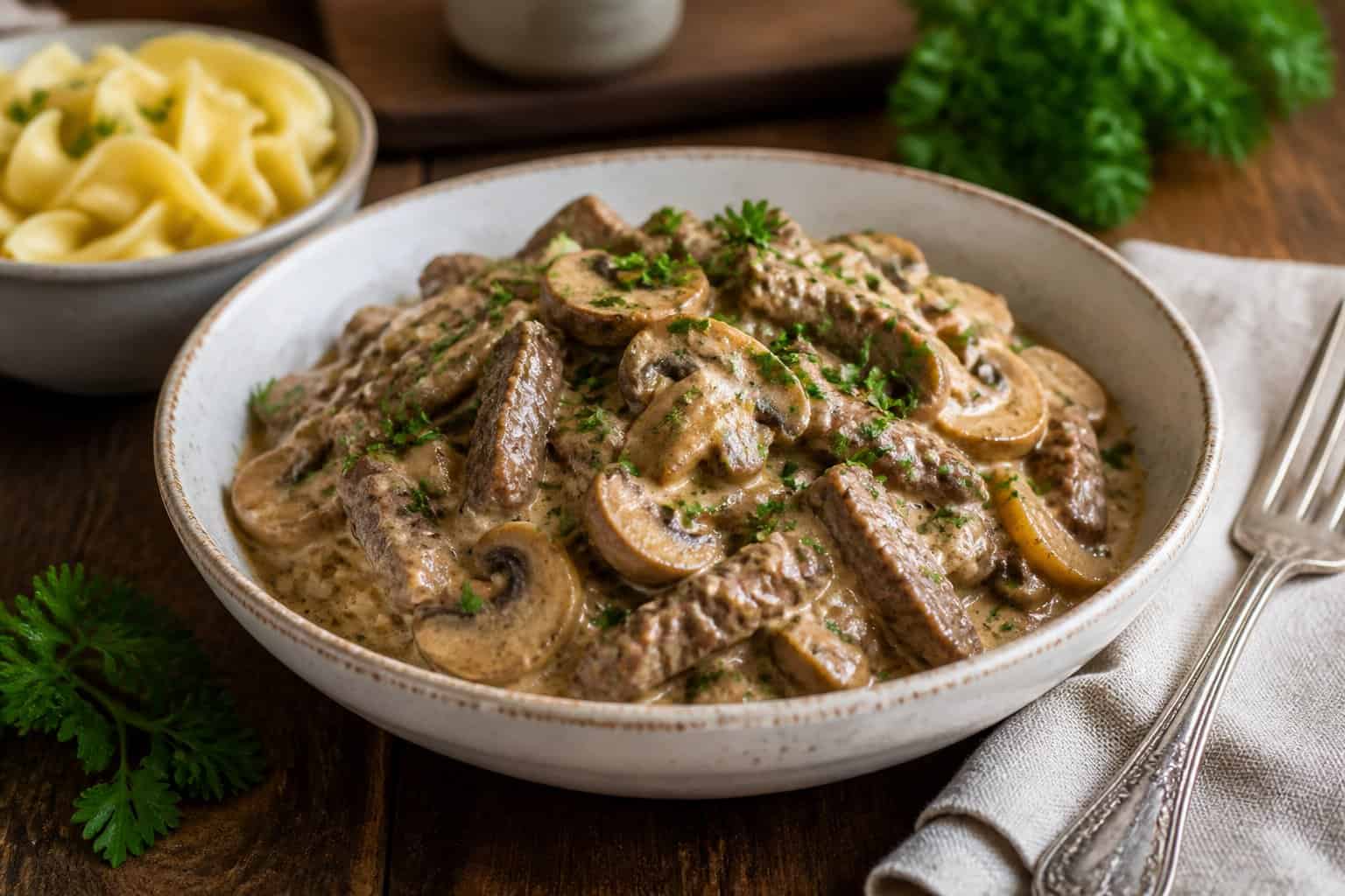 A bowl of beef stroganoff with creamy mushroom sauce and parsley garnish, served with buttered egg noodles on a wooden table.