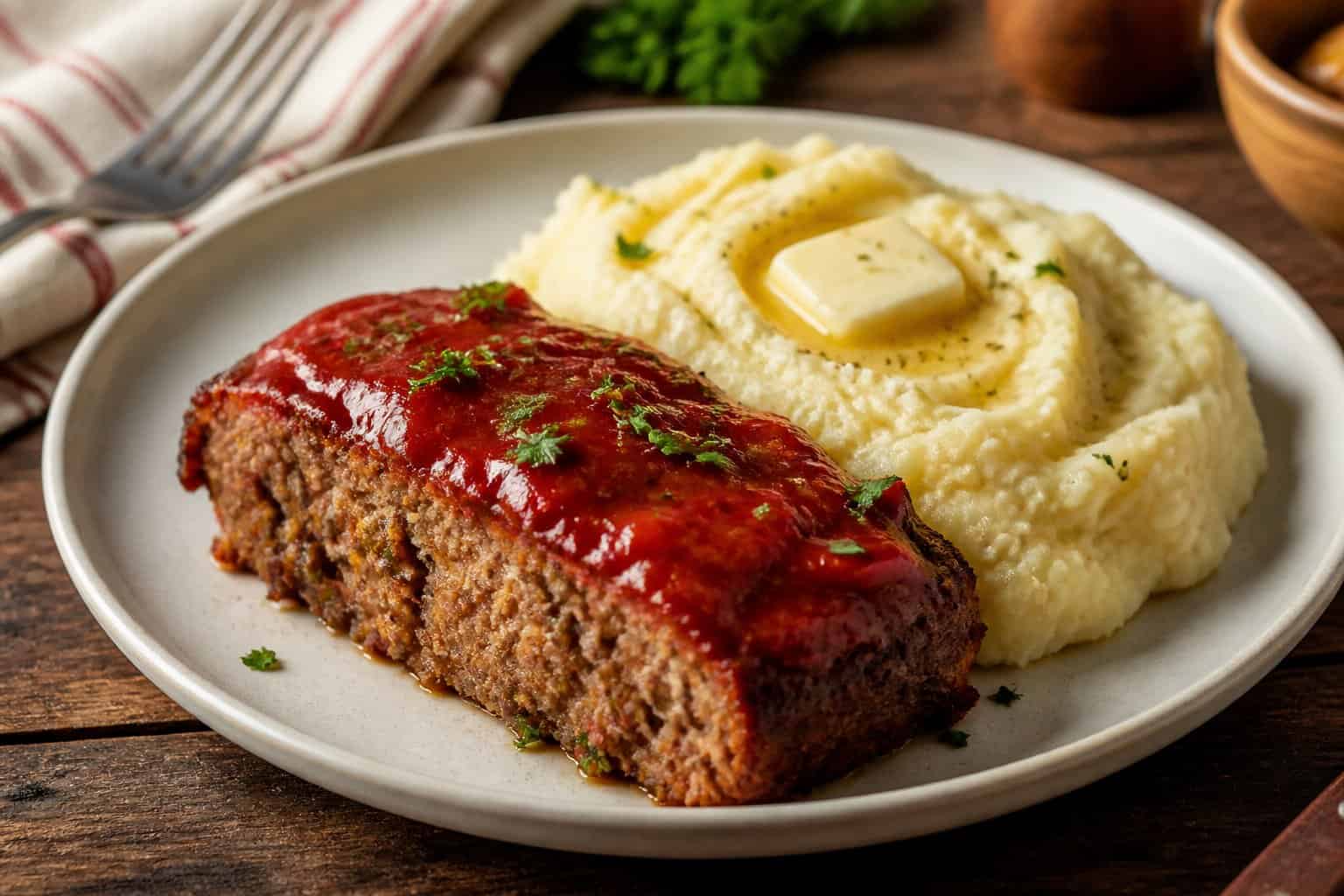 A plate with a slice of meatloaf and creamy mashed potatoes on a wooden table.