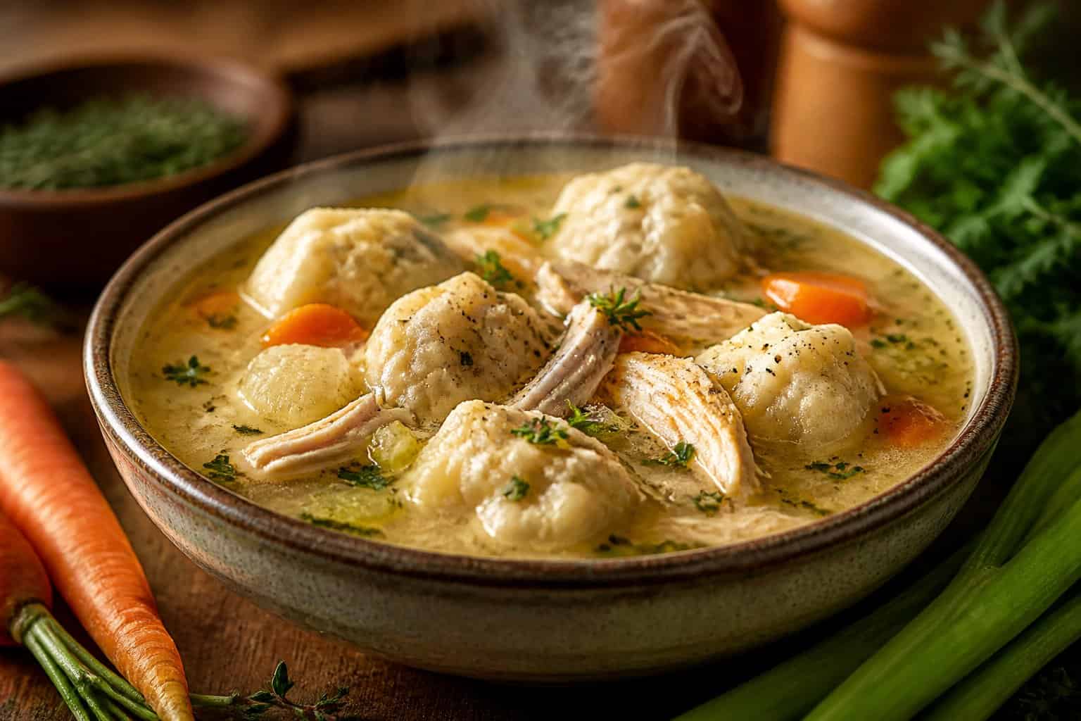 A bowl of chicken and dumplings with broth and herbs on a wooden table surrounded by fresh vegetables.