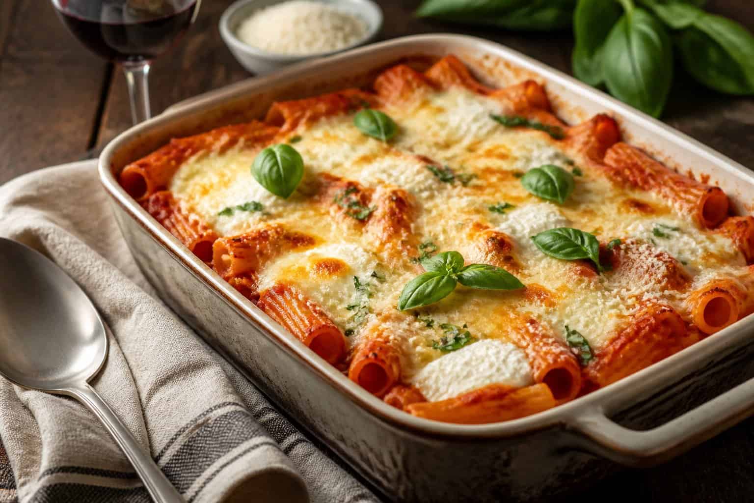 A baked ziti pasta dish with melted ricotta cheese in a casserole dish on a wooden table, garnished with fresh basil.